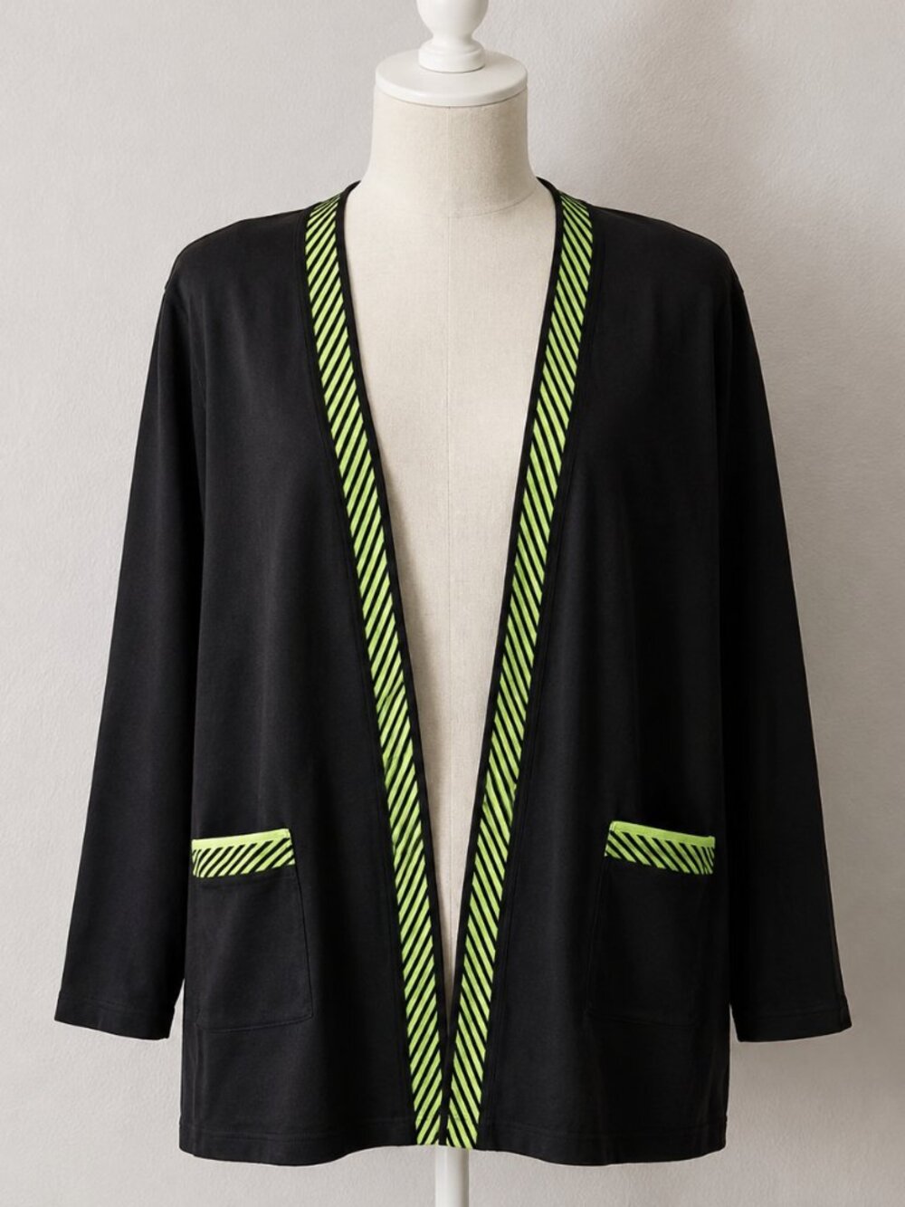 Exclusively Misook Travel Knit Cardigan Black Green Stripe Wrinkle Free Est. M